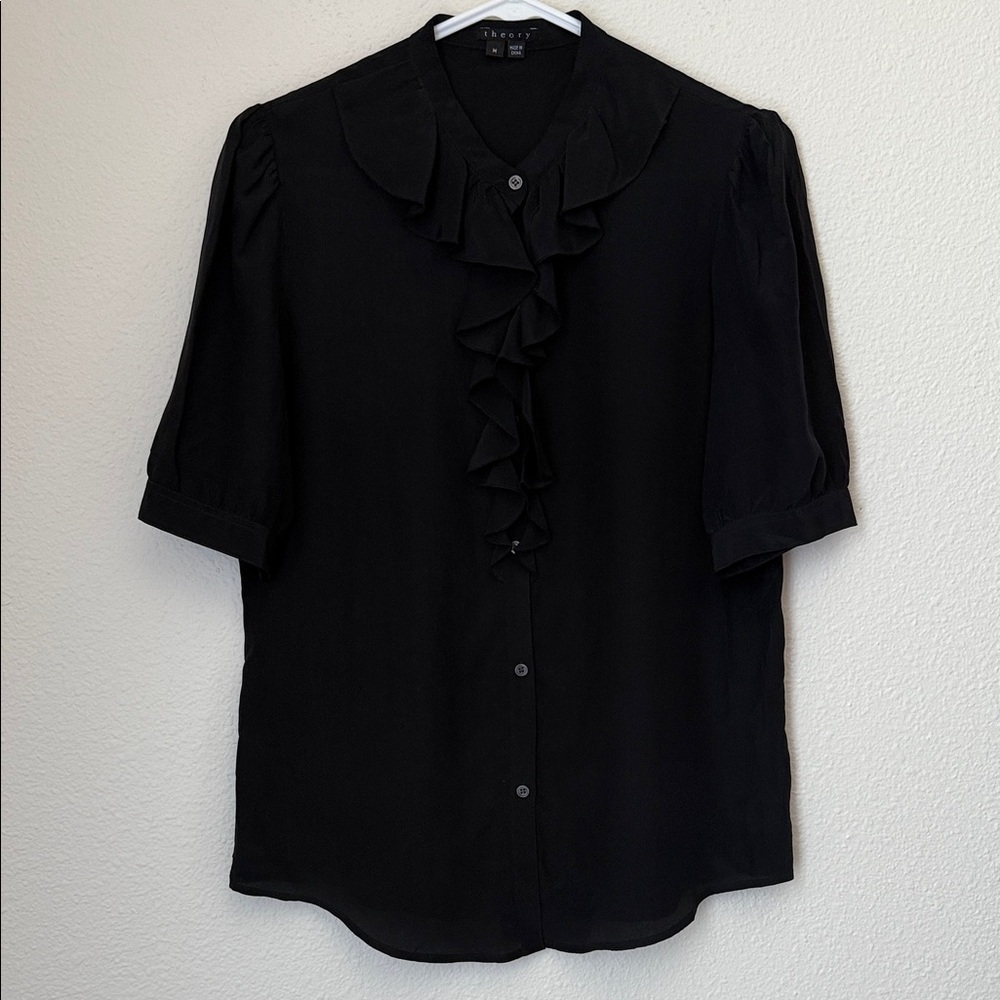 Theory Silk Button Down Ruffle Blouse